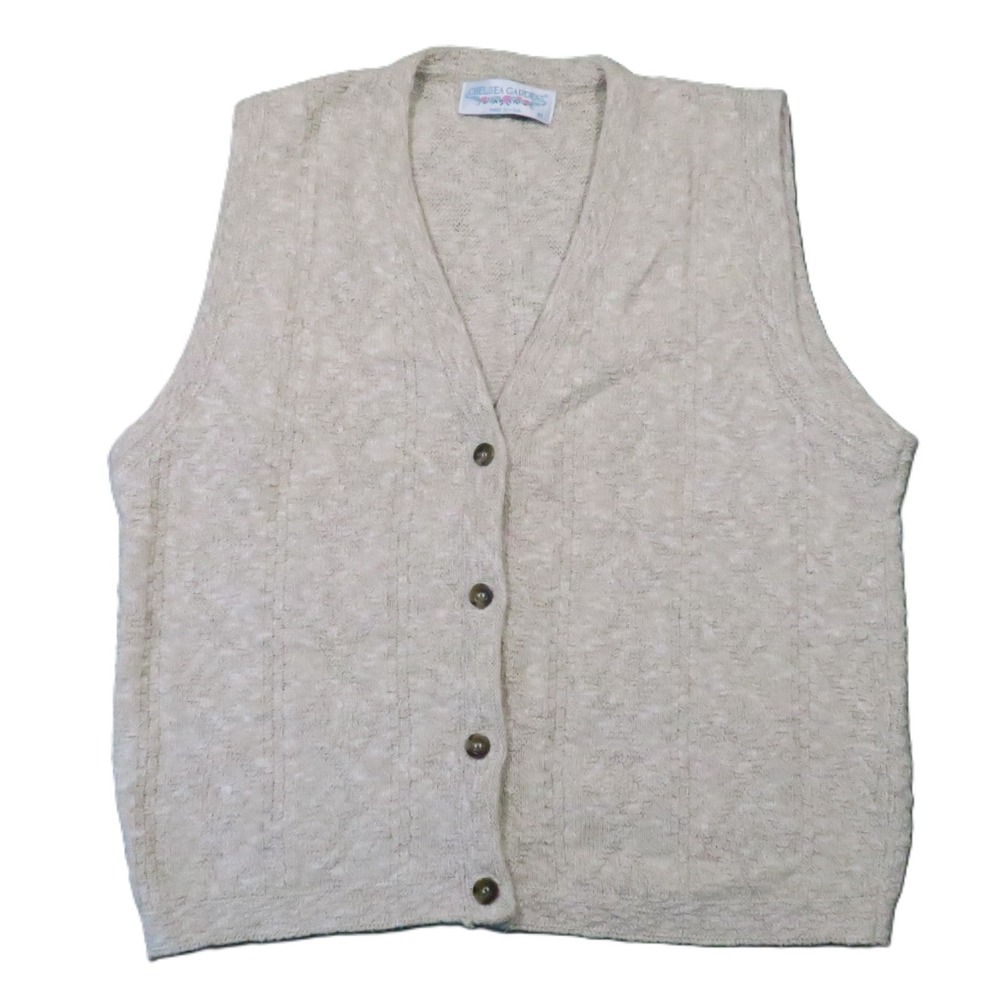 Chelsea Gardens Sweater Vest Cardigan M Beige USA Boxy Grandma Coastal Cottage‎